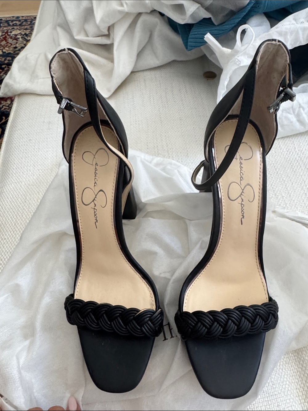 Jessica Simpson Black Braided Strap Ankle-Heel Sandals